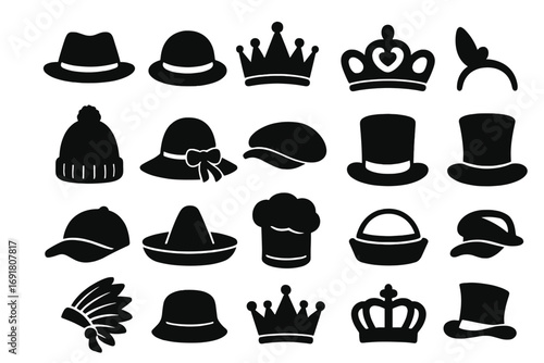 Headwear silhouette icon set. Collection of various hats, caps and crowns symbols. Vector fashion accessories illustration. Includes fedora, top hat, beanie, sombrero, chef hat.