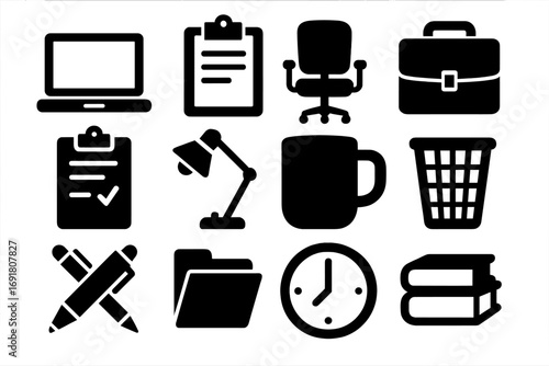 Office essentials icon set, business workspace items. Collection of black silhouette glyphs for work concepts. Vector symbols: laptop, chair, lamp, clock, briefcase, folder.