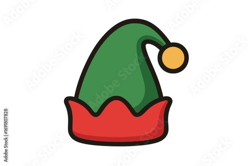 Elf hat icon vector illustration. Christmas cartoon symbol for festive holiday design. Green and red Santa's little helper cap with pompom. Xmas graphic element on transparent background.