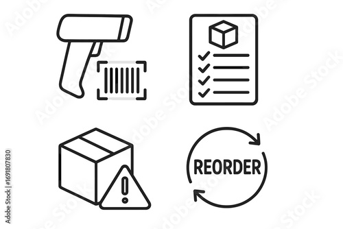 Inventory management outline icon set. Logistics and warehouse icons. Barcode scanner, stock list, low stock alert, and reorder symbol. Supply chain and fulfillment vector.