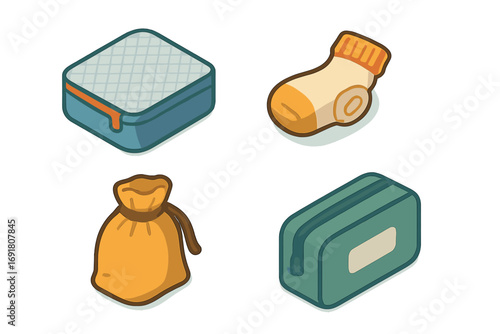 Isometric packing icon set for travel. Luggage organization concept with packing cube, rolled sock, travel pouch, and toiletry bag. Flat vector cartoon illustration.