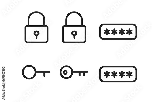 Minimalist security icon set with padlock, key, and password field. Vector line art for login, authentication, and privacy concepts. Cybersecurity and data protection symbols.