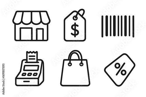 Shopping and retail icon set. Minimalist linear icons for e-commerce and business. Storefront, price tag, barcode, cash register, shopping bag, and sale symbol vector.