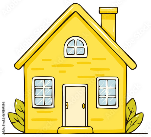 Bright yellow cartoon house simple hand drawn style illustration of a cozy home building