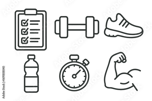 Fitness and workout line icon set. Gym training and sport symbols. Vector icons of dumbbell, checklist, stopwatch, running shoe, water bottle, and bicep for healthy lifestyle.