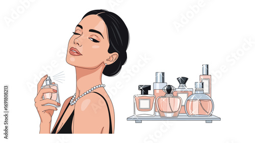 Elegant woman with dark hair wearing a necklace holding a perfume bottle with a collection of various luxury fragrances displayed on a tray