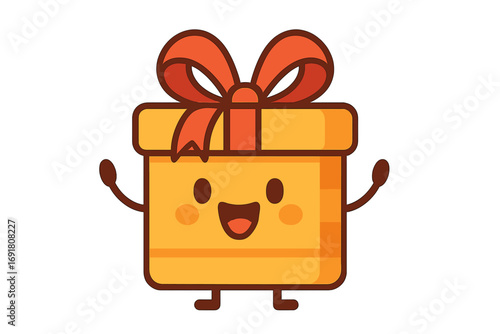 Cute gift box character vector illustration. Happy kawaii present mascot with a smiling face. Flat cartoon icon for birthday, christmas, holiday celebration. Surprise package.