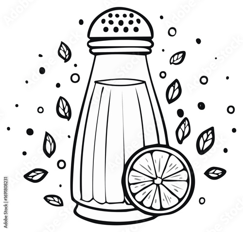 Outline of a salt shaker next to a slice of fruit, decorative leaves and dots creating a refreshing culinary illustration