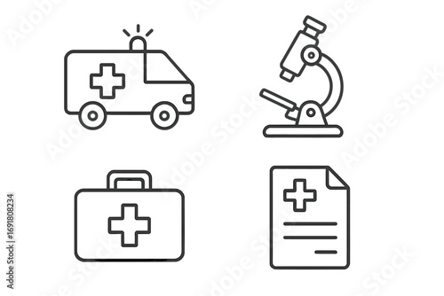 Medical and healthcare thin line icon set. Ambulance, microscope, first aid kit, and prescription symbols. Emergency, hospital, and laboratory concepts. Vector pack.