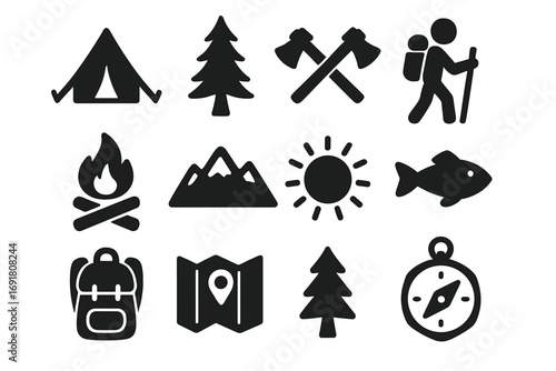 Nature and adventure silhouette icons set. Filled solid outdoor travel symbols. Vector pack for camping, hiking, exploration. Tent, mountain, forest, campfire, compass, map.