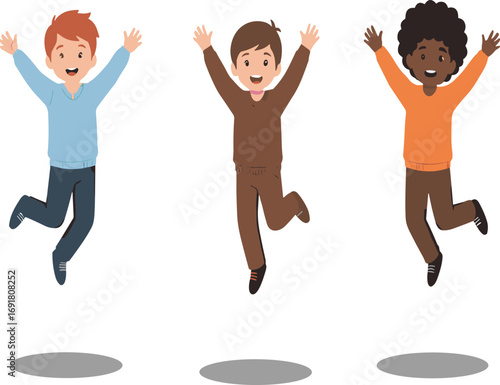 Cartoon children jumping with joy, playful group activity, happy kids motion scene, vector illustration, childhood fun, emotional expression design