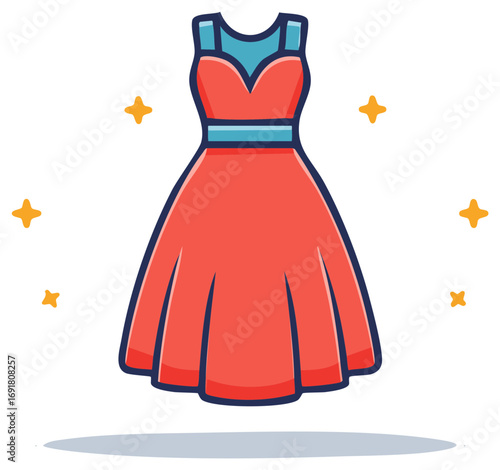 Cartoon style dress, bright orange with sparkles, fashion design.