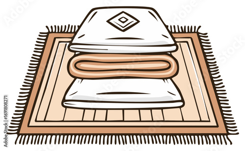 Illustration of layered pillows and a rolled blanket on a decorative rug