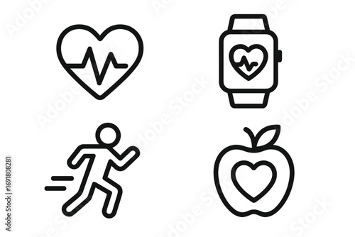 Fitness and health icon set. Vector line art symbols for wellness. Heartbeat, cardio, ECG pulse, running man, smartwatch activity tracker, and healthy food apple icon. Simple minimal design.