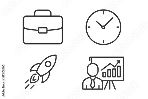 Business management & startup thin line icon set. Vector icons: briefcase for portfolio, clock for time, rocket launch for growth, and presentation for data analysis.
