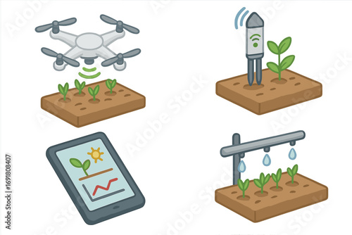 Smart farming technology isometric icon set. Agriculture automation with drone, soil sensor, irrigation system, and data analytics. Agritech vector cartoon collection.