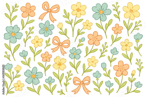 Cute floral seamless pattern with delicate flowers and bows in soft pastel colors. Hand-drawn vector cartoon illustration. Great for textile, wallpaper, scrapbooking, or kids nursery decor.