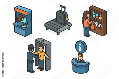 Isometric airport services icon set. Vector cartoon illustration of travel concepts: check-in kiosk, luggage weight, security check, duty-free shopping, and information desk.