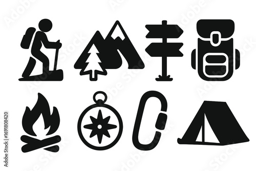 Hiking and camping icon set. Outdoor adventure exploration symbols. Solid glyph collection with hiker, mountain, tent, compass, backpack, campfire and carabiner vector.