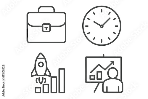 Business management and startup success icon set. Thin line vector icons for growth, time management, data analysis, and strategy presentation. Editable stroke for web and app design.