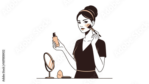 Young woman applying foundation with a makeup brush while holding a bottle of liquid cosmetic product in her hand