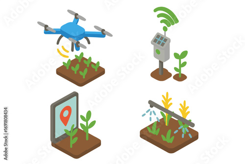 Isometric smart farming agritech icon set. Vector cartoon illustration of drone, sensor, GPS, automated irrigation. Precision agriculture technology & IoT concept icons.