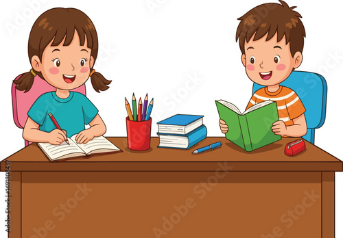 Cartoon children studying at desk, reading and writing activity, school homework scene, educational illustration, vector art, kids learning concept