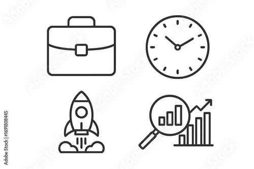Business management and startup success thin line icon set. Includes briefcase, clock for time management, rocket for launch, and data analysis graph. Editable stroke vector.