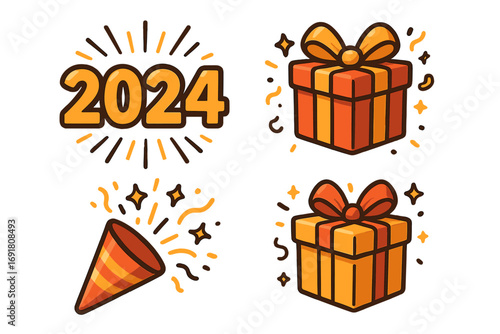 Happy New Year 2024 vector icon set. Celebration graphic elements collection. Cartoon illustration of a party popper, gift box, present, and confetti for holiday design.