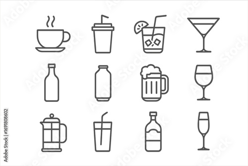 Drink and beverage line icon set. Collection of minimalist symbols for coffee, tea, beer, wine, cocktails, and soft drinks. Editable stroke vector for bar menu or app design.