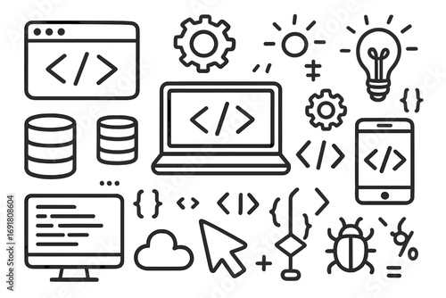 Software development doodle icon set. Vector elements for coding and programming. Hand-drawn cartoon technology symbols. Code, script, bug, database, cloud, UI, UX, app icons.
