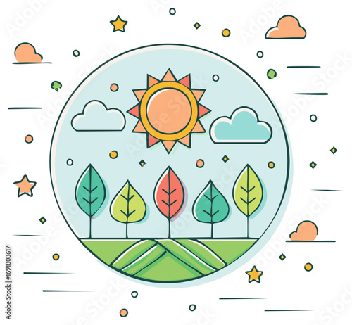 Stylized outdoor scene with sun clouds trees and fields in a circular frame