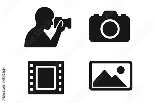 Simple photography icon set. Black silhouette symbols of photographer, camera, photo film and digital image gallery. Solid vector icons for multimedia, web, and app design.