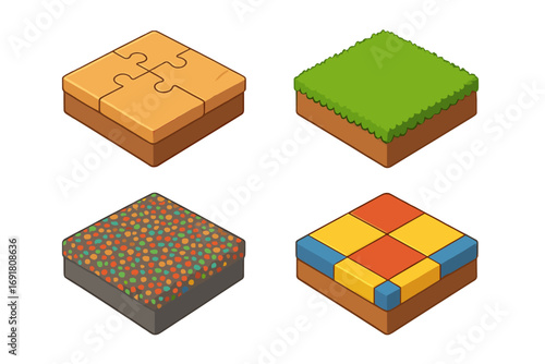 Playground surfaces isometric icons set. 3D cartoon vector collection of kids' safety flooring. Includes grass turf, rubber mulch, puzzle mat, and soft tiles for play area ground.
