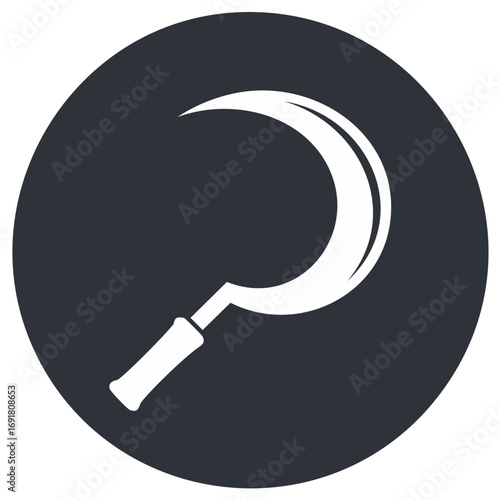 Sickle agricultural tool icon in a circle. Simple flat vector graphic for farming and harvesting.