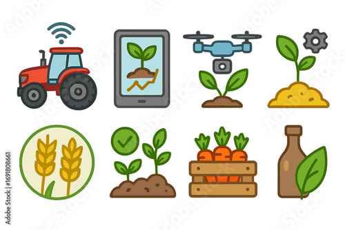 Modern agriculture icon set. Smart farming technology, organic production symbols. Vector cartoon illustration of tractor, drone, tablet, crop growth, and harvest.