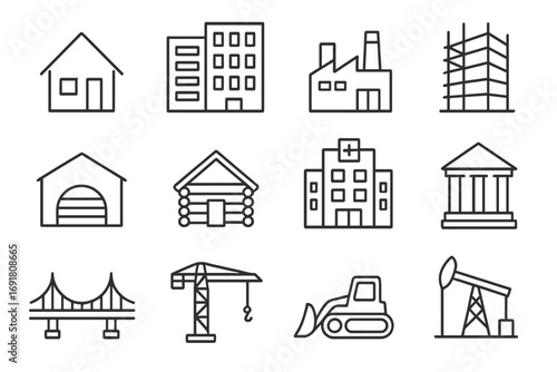 Construction and building line icon set. Real estate, industry, and architecture symbols. Vector icons of house, factory, hospital, bank, bridge, crane, and bulldozer.