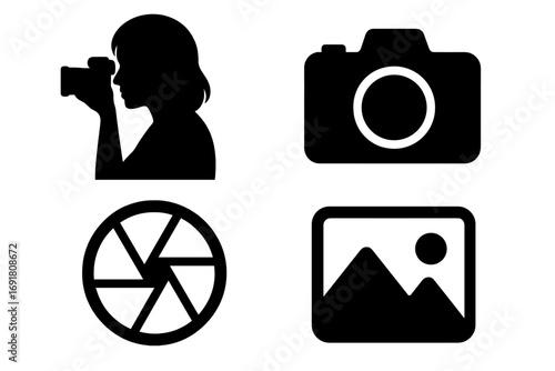 Photography solid glyph icons set. Photographer silhouette, camera, lens aperture, picture gallery symbols. Digital imaging vector graphics for web and mobile design.