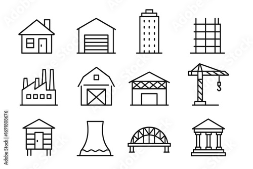 Building icon set. Construction, architecture, real estate line icons. Vector house, garage, skyscraper, factory, barn, warehouse, crane, bridge, bank symbols. Editable stroke.