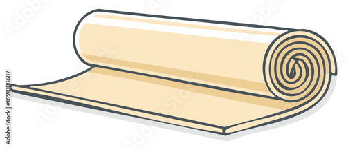 Cartoon illustration of a light beige sheet unrolling, resembling fresh dough, flatbread, or textile fabric
