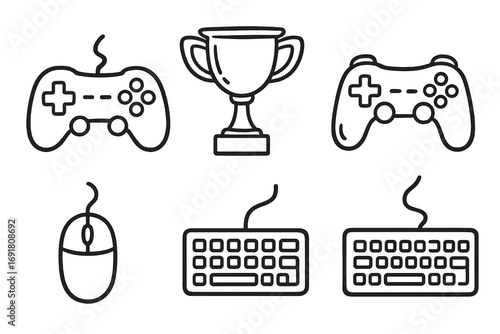 Gaming doodle icon set. Hand drawn vector line art of game controllers, trophy cup for winner, pc mouse, and keyboards. eSports cartoon elements for competition.
