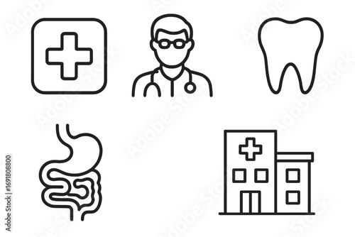 Medical and healthcare line icon set. Doctor, hospital, clinic, tooth, internal organs. Pictogram for first aid, dentistry, gastroenterology. Editable stroke vector symbol.