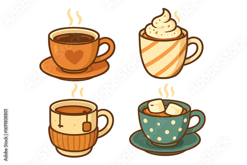 Hot drinks vector set. Coffee, tea, hot chocolate with marshmallows, cappuccino with whipped cream. Cozy autumn collection of cute cartoon mugs for cafe menu illustration.