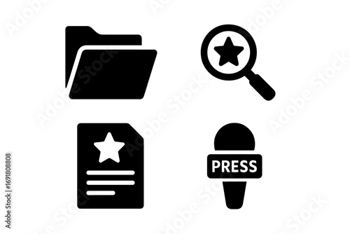 Political transparency solid icon set. Icons for journalism, investigation, and government accountability. Includes press microphone, open folder, report, and scrutiny icons.