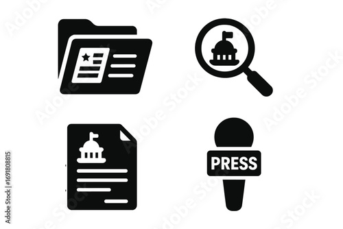Political transparency vector icon set. Government investigation, press freedom, public records concepts. Solid glyph icons for journalism, media scrutiny, and open government data.