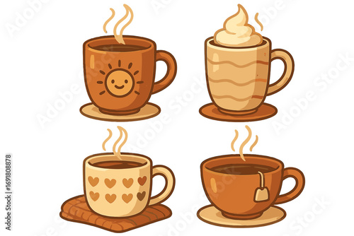Cozy hot beverages vector collection. Set of cute cartoon coffee mugs, tea cups, hot chocolate. Icons for hygge, autumn, winter cafe menu design. Isolated drink illustration.