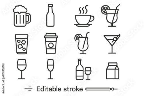 Drink and beverage line icon set. Vector symbols collection for web and app design. Includes icons of beer, coffee, cocktail, wine, juice, and soda. Editable stroke pictograms.