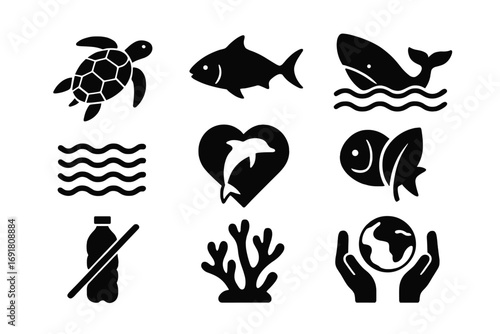 Ocean conservation icons vector set with marine life silhouettes, eco-friendly symbols, sea turtle, dolphin heart, fish with leaf, coral reef, ocean waves, plastic ban, and globe in hands illustration