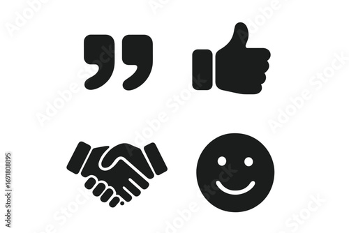 Respect and communication vector icon set. Positive feedback. Thumbs up like and approval. Handshake for deal or partnership. Quotation marks for language. Happy smiley face.