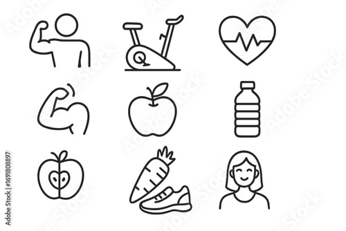 Health and fitness line icon set. Collection of vector symbols for gym workout, nutrition, sport, and wellbeing. Outline icons for cardio, diet, and healthy lifestyle.